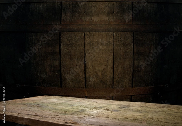 Fototapeta background of barrel and worn old table of wood