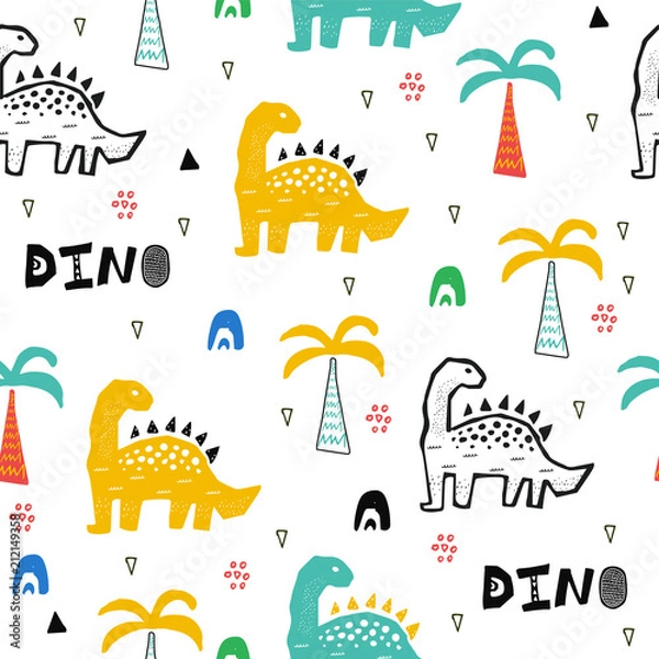 Obraz Hand drawn seamless pattern with dinosaur in the wild safari firest. Cute illustration for nursery,textile, kids fashion.
