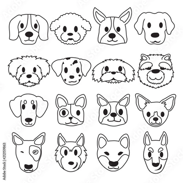 Fototapeta Vector set of different type dog faces cartoon style