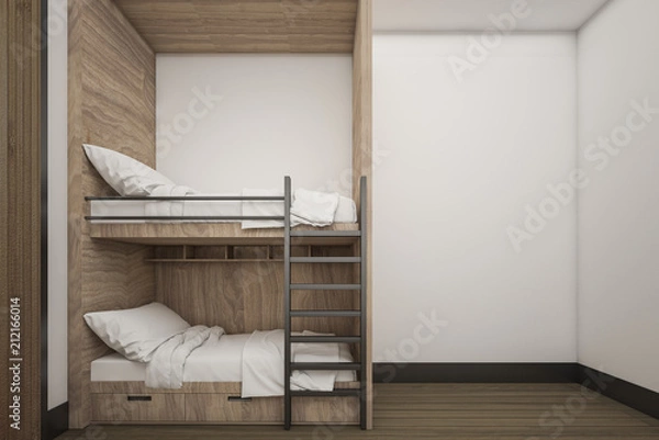Fototapeta Wooden Bunk bed with mock up white wall , 3d Rendering