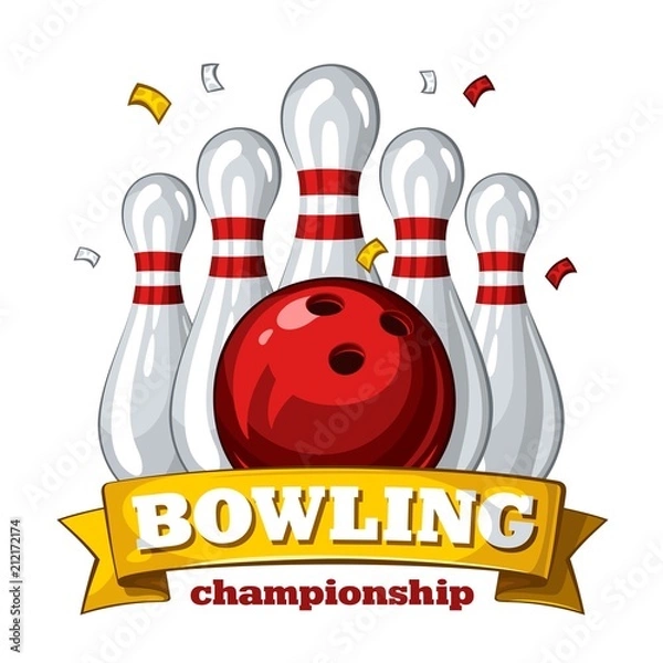 Fototapeta Colorful poster for bowling tournament. Vector template poster with composition of bowling skittles, red bowling ball and inscription on yellow ribbon 1.1