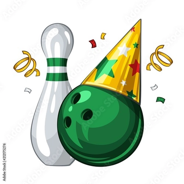 Fototapeta Vector illustration of bowling skittle and green bowling ball in party hat, isolated on white background. Party shiny hat with colored stars. Happy birthday 1.1