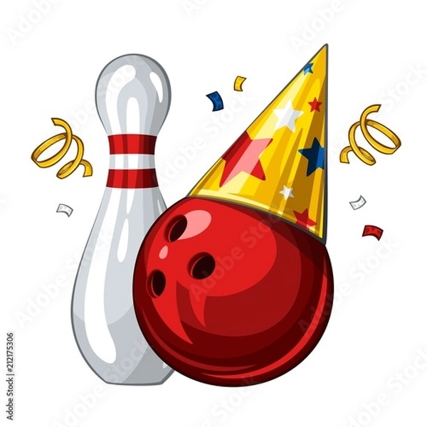 Fototapeta Vector illustration of bowling skittle and red bowling ball in party hat, isolated on white background. Party shiny hat with colored stars. Happy birthday 1.1