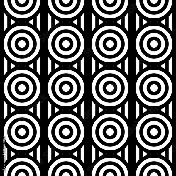 Fototapeta Seamless pattern with circles and striped black white straight lines. Optical illusion effect. Geometric tile in op art style. Vector illusive background for cloth, textile, print, web.