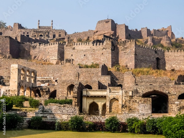 Fototapeta Hyderabad, India - January, 4th, 2018. Golkonda is a citadel and fort in Southern India and was the capital of the medieval sultanate of the Qutb Shahi dynasty, is situated 11 km west of Hyderabad.