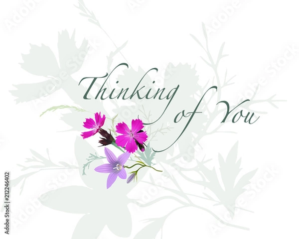 Fototapeta Thinking of You - letnia kartka okolicznościowa. Ręcznie rysowane realistyczne ilustracji wektorowych z łące.