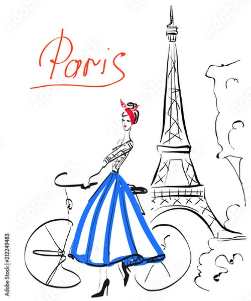 Obraz Woman in Paris, sketch, isolated on a white