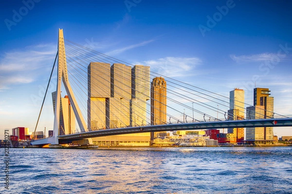 Fototapeta Znane miejsca podróży. Atrakcyjny widok na słynny Erasmusbrug (Most Łabędzi) w Rotterdamie przed portem i portem. Zdjęcie wykonane przed zachodem słońca.