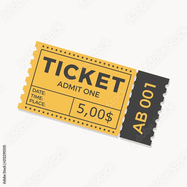 Fototapeta Ticket illustration in the flat style. Ticket stub isolated on a background. Retro cinema or movie tickets.