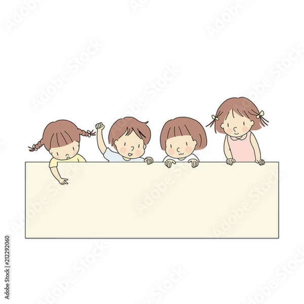 Obraz Vector illustration of four little kids, boy & girls, pointing and looking at  blank template for presentation, brochure or banner. Education and learning concept. Cartoon character drawing style.