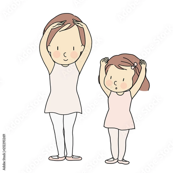 Obraz Vector illustration of little girl practicing basic ballet position with teacher in kid ballet dancing class. Child development activity, education & learning concept. Cartoon character drawing.