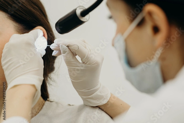 Fototapeta Otolaryngologist treats an ear of patient disease and conducts manipulations examining the patient's ear. Hands in gloves, on the head sterile mask and doctor's medical flashlight