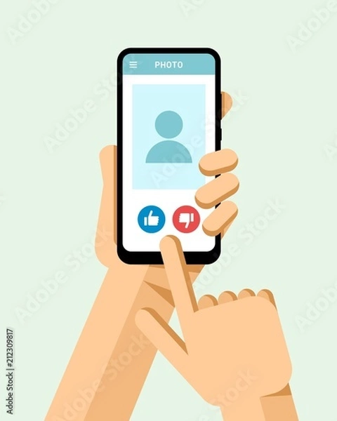 Fototapeta Hand holds the smartphone with like and dislike buttons under the photo on the screen. Flat vector modern phone mock-up illustration