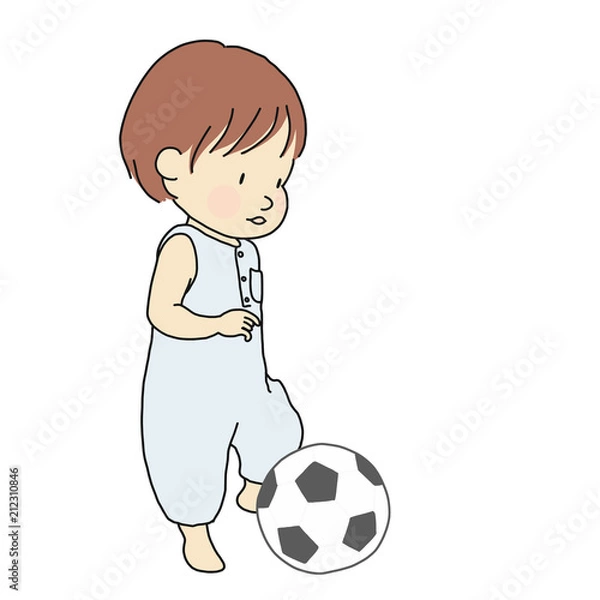 Obraz Vector illustration of toddler trying to kick football soft toy. Little kid playing ball. Early childhood development activity, family concept. Cartoon character drawing. Isolated on white background.