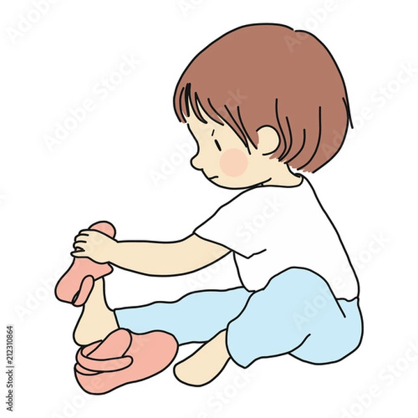 Obraz Vector illustration of little toddler sitting on floor and trying to put on his own shoes. Early childhood development, education, learning, dressing skill concept. Cartoon character drawing.