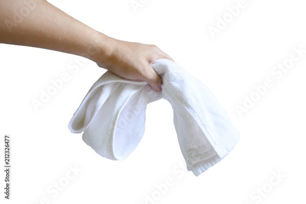 Obraz adult hand holding a white towel after exercise on white background isolated