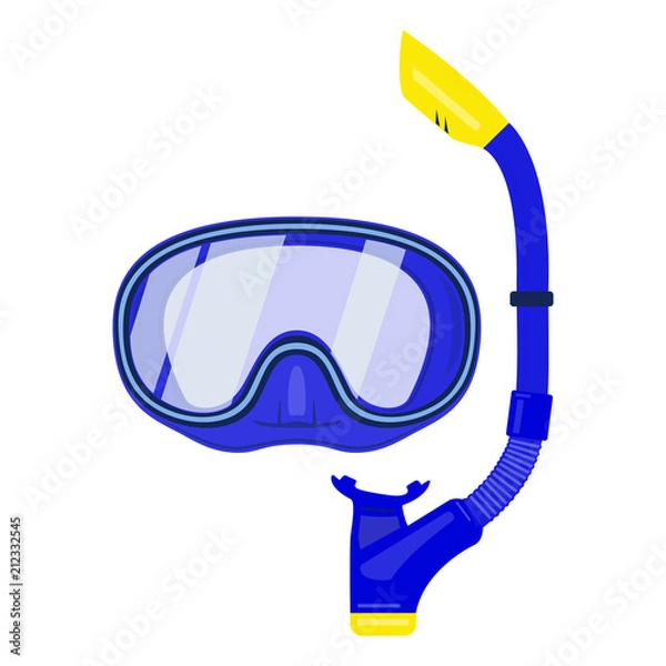 Fototapeta Collection for scuba diving or snorkeling. Scuba mask, snorkel. Abstract concept, blue color, set of icons. Vector illustration on white background.
