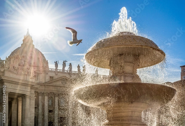 Obraz Saint Peter fountain of papal Basilica in Vatican at sunset, Rome, Italy Europe. Rome Saint Peter Square in Vatican is a famous landmark and attraction of Rome and Italy