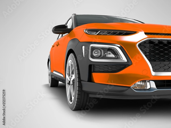 Fototapeta Modern orange car crossover for travel with black insets in front 3d render on gray background with shadows