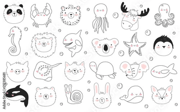 Fototapeta Vector set of cute funny animals. Sticker collection with adorable doodle objects on background