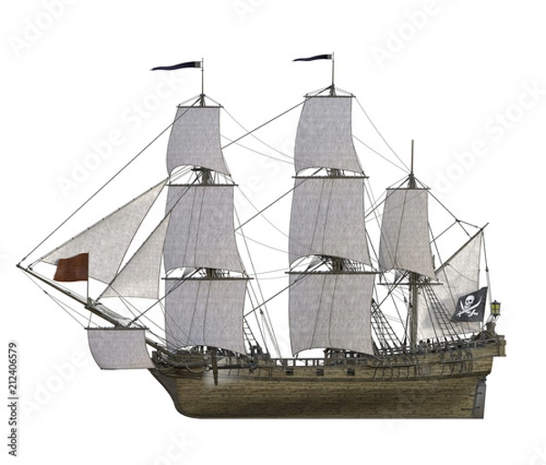 Fototapeta Close up 3d rendering of pirate ships scene isolated on white