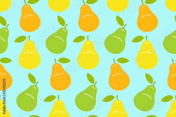 Fototapeta Seamless pattern with Yellow, green and orange pear. flat style. isolated on blue background