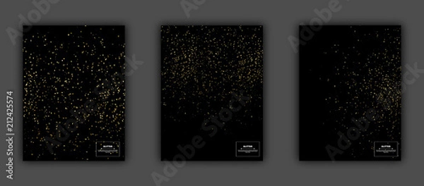 Fototapeta Gold glitter textures set on black background, vector illustration. Confetti particles flying in the air, explosion golden fragments party invitation concept.