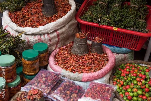 Obraz Display of chillies and pickles, Ason Tol market, Kathmandu, Nepal