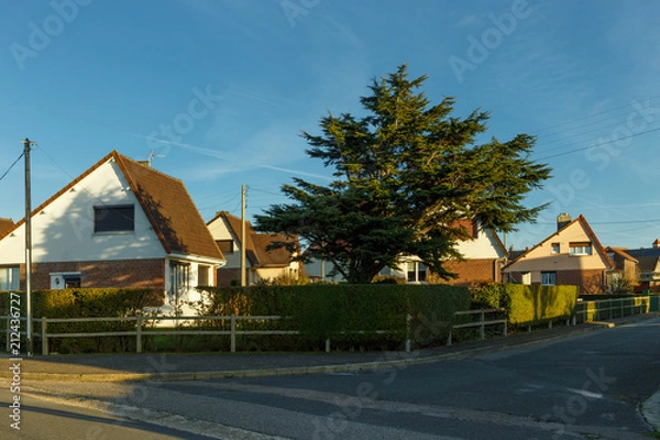 Fototapeta Country houses with fences and streets in the region of Normandy, France. Beautiful countryside, lifestyle and typical french architecture, european country landscapes