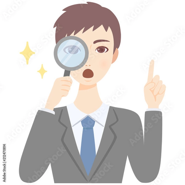Obraz 虫眼鏡をのぞく若いイケメンサラリーマン　スーツ　フラット　イラスト