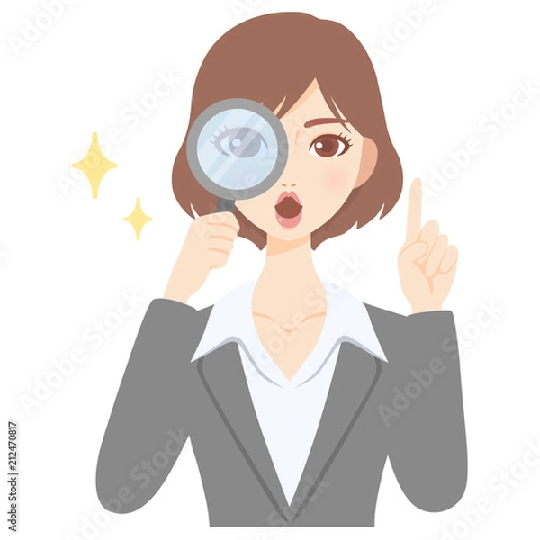 Obraz 虫眼鏡をのぞく若いOL　スーツ　かわいい　フラット　イラスト