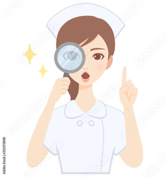Obraz 虫眼鏡をのぞく若い看護師　白衣　かわいい　フラット　イラスト