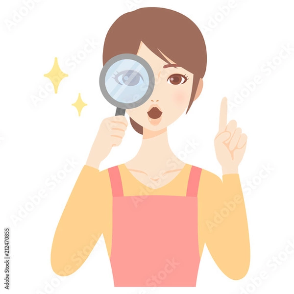 Obraz 虫眼鏡をのぞく若い主婦　エプロン　美人　フラット　イラスト