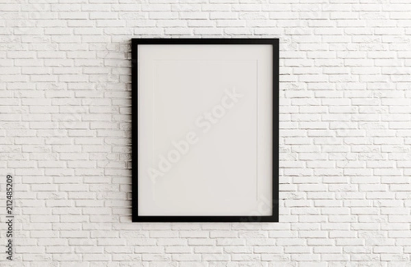 Obraz Blank black picture frame template for place image or text inside on white brick wall.