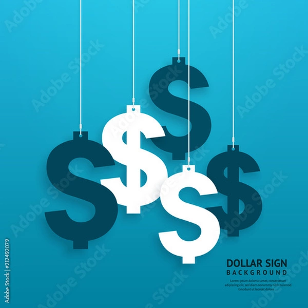 Fototapeta Dollar signs hanging on the ropes on blue background. Vector.