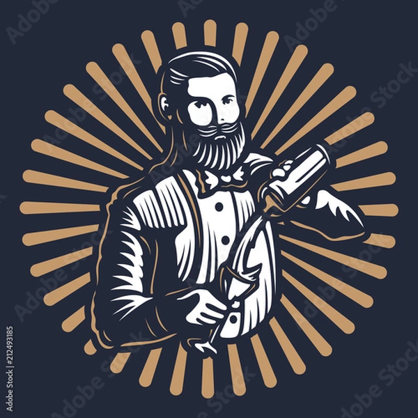 Fototapeta Brodaty barman, barman lub barman w pracy sylwetka z projektem logo shaker na czarnym tle - ręcznie rysowane mężczyzna z brodą i wąsami ilustracji wektorowych. Złoty i biały wzór godła vintage