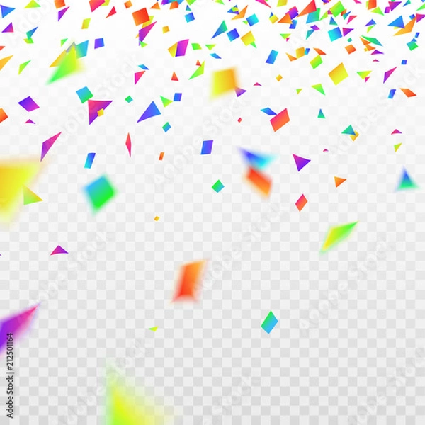 Fototapeta Stock vector illustration realistic defocused colorful, multicolor confetti, glitters Isolated on a transparent checkered background. Festive background. Holiday decorative tinsel element for design