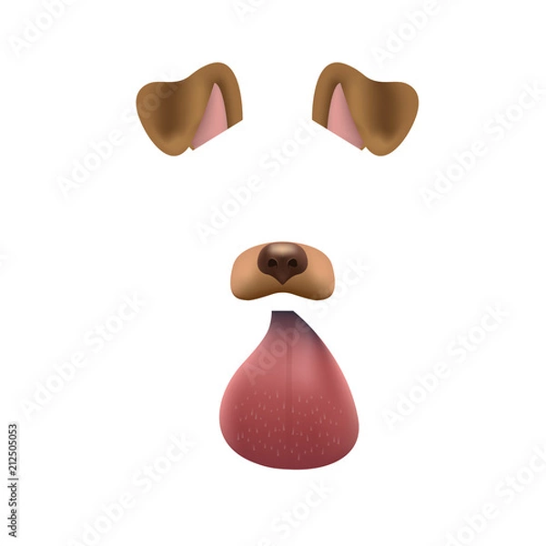 Fototapeta Dog face mask for video chat isolated on white background. Animal character ears and nose. 3d filter effect for selfie photo decoration. Brown dog elements.