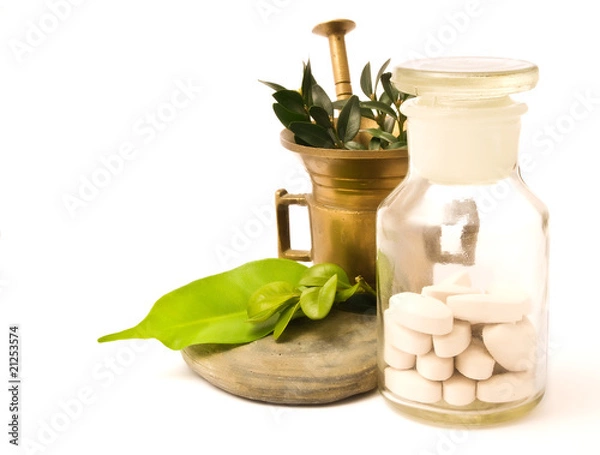 Obraz Mortar and pharmacy bottle, with herbs.
