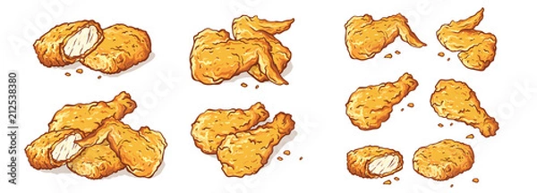 Fototapeta skrzydełka nogi i bryłki smażonego kurczaka na białym tle zestaw ilustracji wektorowych