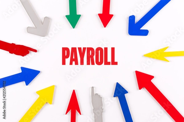 Fototapeta Colorful Arrows Showing to Center with a word PAYROLL