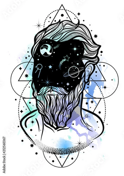 Fototapeta Hand drawn portrait of a man with beard and night sky. Double exposure effect. Concept of a dreamer, explorer or traveller.