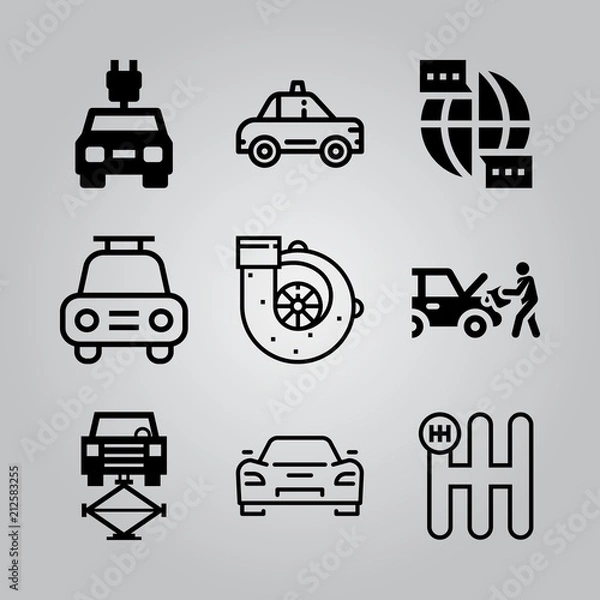 Fototapeta Simple 9 icon set of electronics related cab, car on an elevator, communication and gear vector icons. Collection Illustration