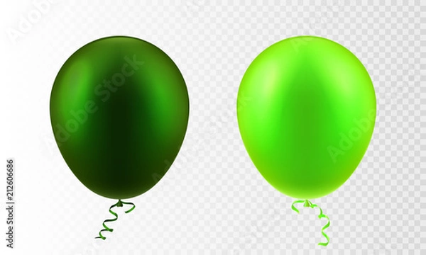 Fototapeta Stock vector illustration realistic 3D Inflatable air flying set balloon colorful frosted light and dark lime green Isolated transparent checkered background. Postcard design element EPS10
