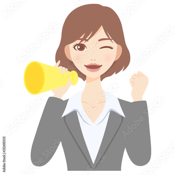 Obraz メガホンを持って応援をする若いOL　スーツ　かわいい　フラット　イラスト