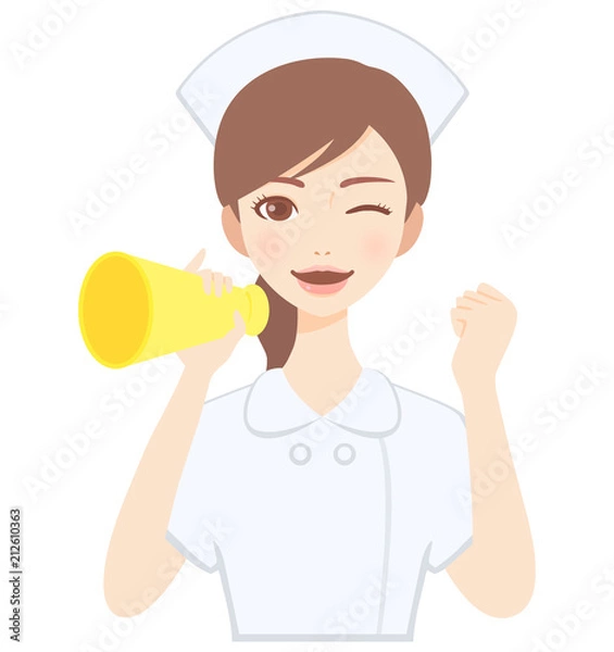 Obraz メガホンを持って応援をする若い看護師　白衣　かわいい　フラット　イラスト