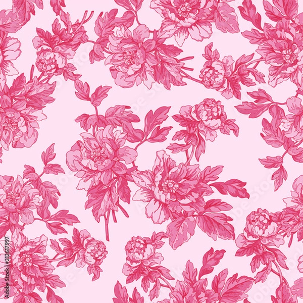 Fototapeta Seamless pattern with poppy, Peonies or roses flowers– stock illustration