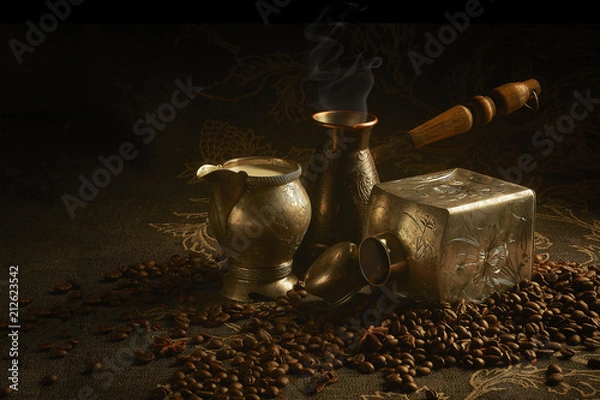 Fototapeta Cezve, a container for milk and grains of coffee.