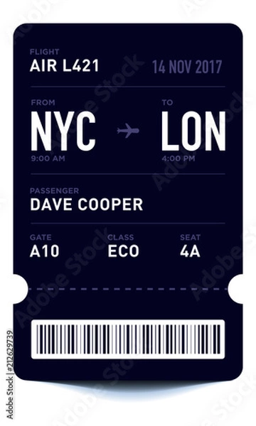 Fototapeta E-Ticket or Boarding Pass Card Template with Bar Code. Flight Ticket Pass Design. 