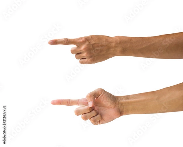 Obraz Clipping path hand gestures isolated on white background. Hand making number one sign or symbol gesture. Back and front hand pointing gesture.
